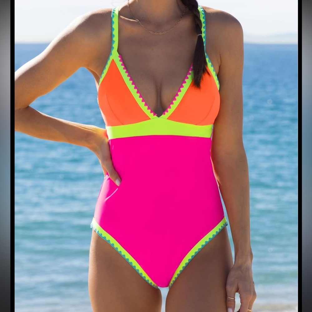 Neon Colorblock One-Piece Swimsuit - Pink & Orange